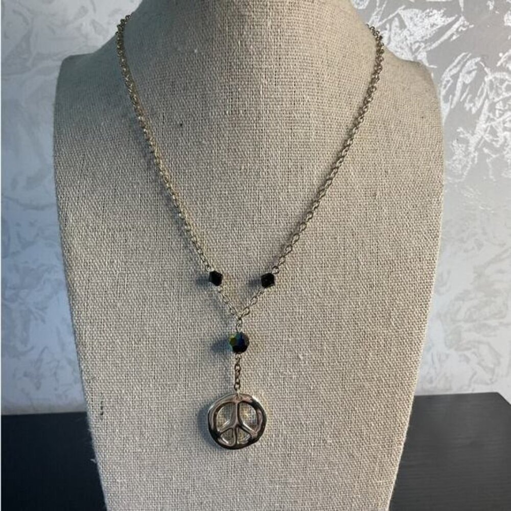 Peace Symbol Pendant Necklace With Adjustable Chain & Black Bead Accents
